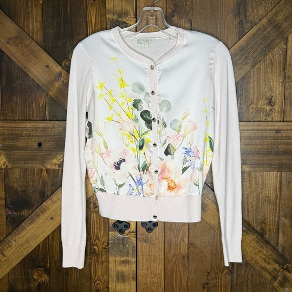 TED BAKER Mixed Media Silky Front Floral Pale Pink Cardigan Sweater Sz 1 (0-2) - Picture 4 of 13
